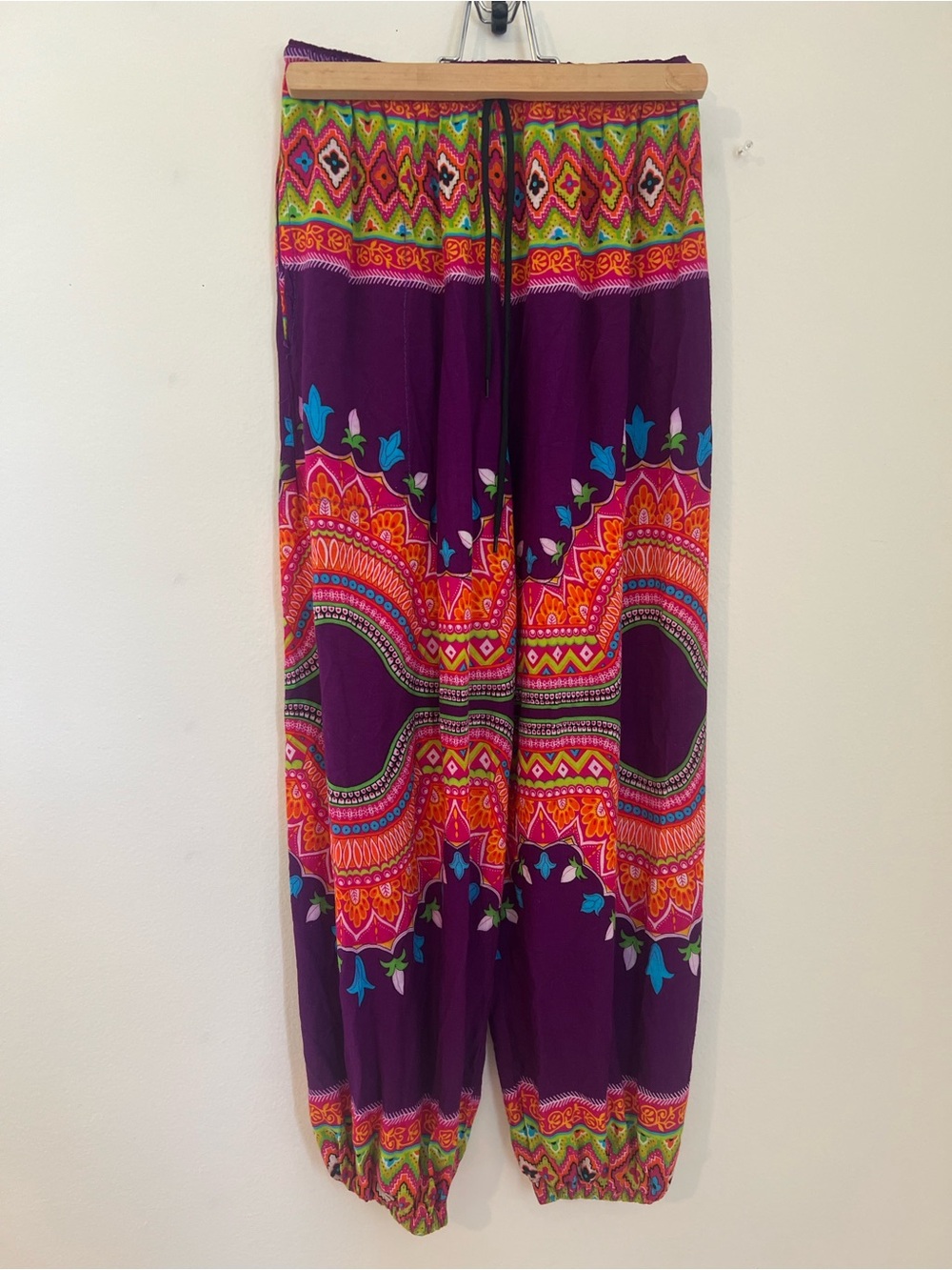 Vibrant Purple Boho Harem Joggers with Colorful Mandala Print